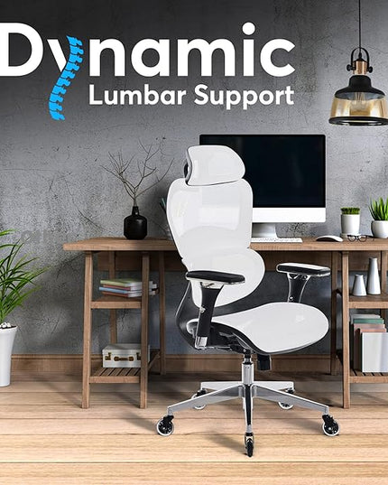 Oline ErgoPro Ergonomic Office Chair - Rolling Desk Chair with 4D Adjustable Armrest, 3D Lumbar Support and Blade Wheels - Mesh Computer Chair, Gaming Chairs, Executive Swivel Chair (White) - LeafyLoom