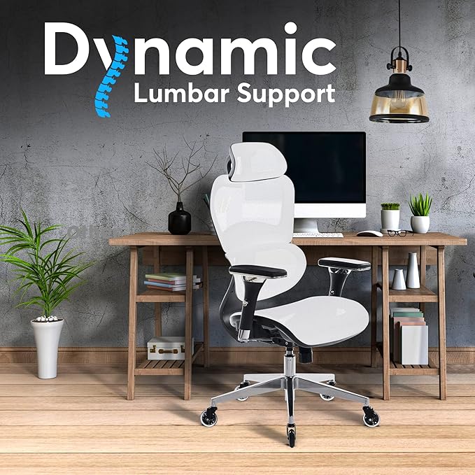 Oline ErgoPro Ergonomic Office Chair - Rolling Desk Chair with 4D Adjustable Armrest, 3D Lumbar Support and Blade Wheels - Mesh Computer Chair, Gaming Chairs, Executive Swivel Chair (White) - LeafyLoom