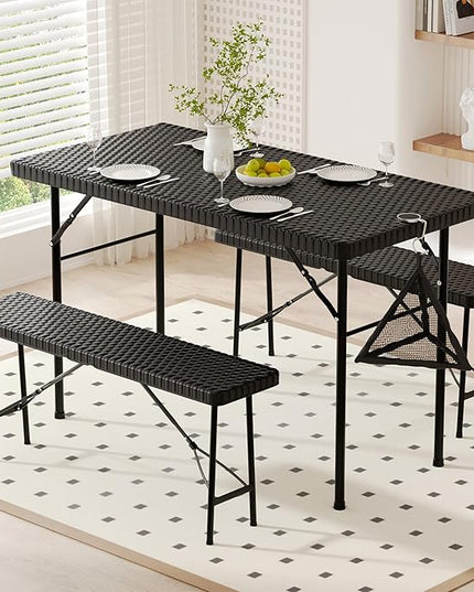 VECELO Dining Table Set for 4, Faux Rattan Card Folding Dinette for Small Space with 2 Benches, Kitchen/Breakfast Nook/Living Room, No Assembly, 3 Piece, Black - LeafyLoom