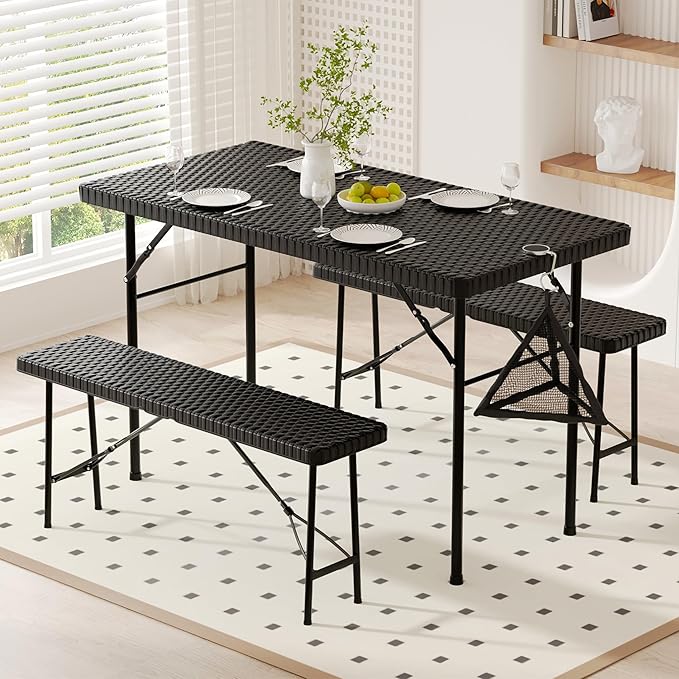 VECELO Dining Table Set for 4, Faux Rattan Card Folding Dinette for Small Space with 2 Benches, Kitchen/Breakfast Nook/Living Room, No Assembly, 3 Piece, Black - LeafyLoom