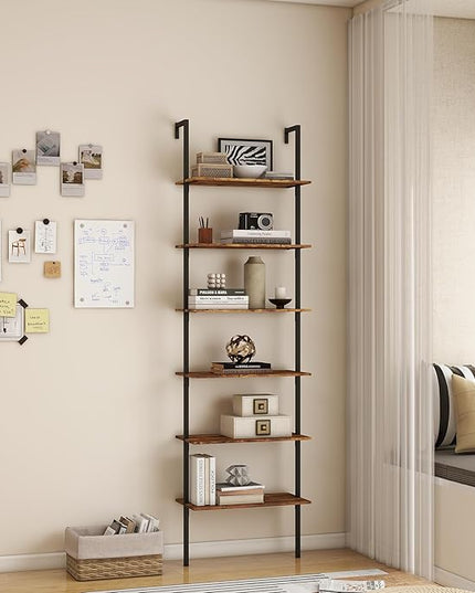 Panana 6 Tier Tall Modern Bookshelf, Industrial Ladder Shelf Open Space Wall Mount Bookshelf with Metal Frame Sturdy Bookcase for Living Room (Brown, 6-Tier) - LeafyLoom