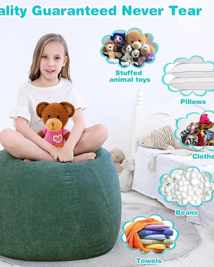 Stuffed Animal Storage Bean Bag Chair Cover (No Filler) for Kids and Adults.Soft Premium Corduroy Stuffable Beanbag for Organizing Children Plush Toys or Memory Foam Small 100L (Green) - LeafyLoom
