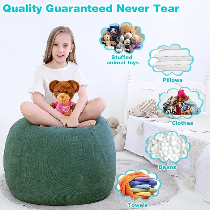 Stuffed Animal Storage Bean Bag Chair Cover (No Filler) for Kids and Adults.Soft Premium Corduroy Stuffable Beanbag for Organizing Children Plush Toys or Memory Foam Small 100L (Green) - LeafyLoom