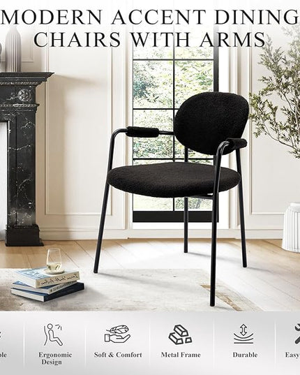 COLAMY Modern Accent Dining Chairs Set of 4, Boucle Dining Chairs with Arms, Comfy Small Sherpa Dining Armchairs with Back for Kitchen, Dining Room, Restaurant, Black - LeafyLoom