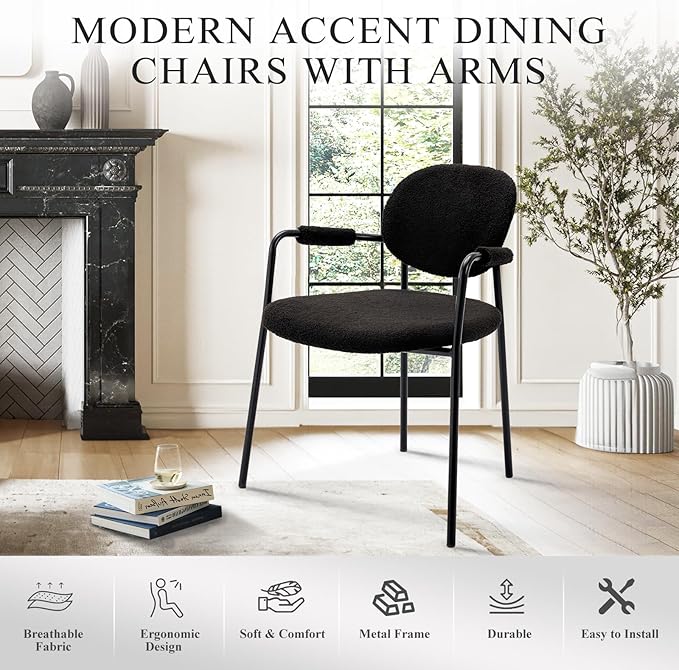 COLAMY Modern Accent Dining Chairs Set of 4, Boucle Dining Chairs with Arms, Comfy Small Sherpa Dining Armchairs with Back for Kitchen, Dining Room, Restaurant, Black - LeafyLoom