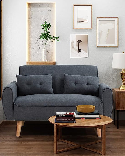 Shintenchi 47" Small Modern Loveseat Couch Sofa, Fabric Upholstered 2-Seat Sofa, Love Seat Furniture with 2 Pillows, Wood Leg for Small Space, Living Room, Bedroom, Apartment, Dark Grey - LeafyLoom