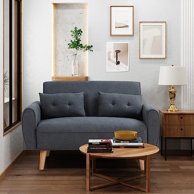 Shintenchi 47" Small Modern Loveseat Couch Sofa, Fabric Upholstered 2-Seat Sofa, Love Seat Furniture with 2 Pillows, Wood Leg for Small Space, Living Room, Bedroom, Apartment, Dark Grey - LeafyLoom