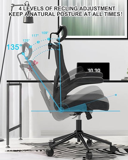 𝑯𝑶𝑴𝑬 𝑶𝑭𝑭𝑰𝑪𝑬 𝑪𝑯𝑨𝑰𝑹, Ergonomic Mesh Desk Chair, High Back Computer Chair- Adjustable Headrest with Flip-Up Arms, Lumbar Support, Swivel Executive Task Chair (Modern, Black) - LeafyLoom