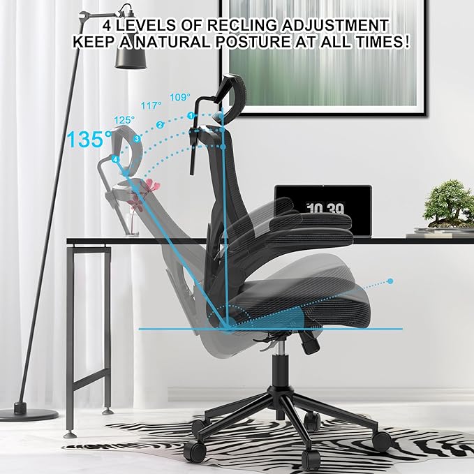 𝑯𝑶𝑴𝑬 𝑶𝑭𝑭𝑰𝑪𝑬 𝑪𝑯𝑨𝑰𝑹, Ergonomic Mesh Desk Chair, High Back Computer Chair- Adjustable Headrest with Flip-Up Arms, Lumbar Support, Swivel Executive Task Chair (Modern, Black) - LeafyLoom