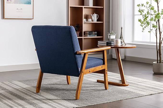 Mid-Century Accent, Modern Single Armchair, Upholstered Leisure Lounge Chair wth Solid Wood Armrest and Feet for Living Room, Bedroom, Office, Navy Blue - LeafyLoom