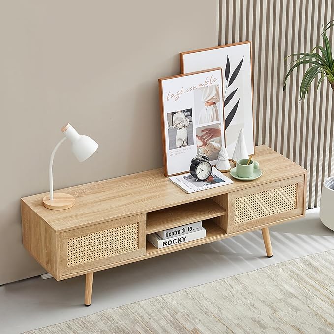 Brafab Boho TV Storage Media Console Table with Double Sliding Doors and Adjustable Shelf for Living Room, 55.12" L x 15.75" W x 18.31" H, Natural - LeafyLoom