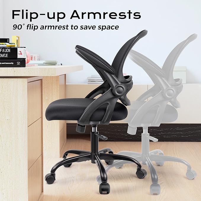 KERDOM Office Chair, Ergonomic Desk Chair, Mesh Computer Chair Height Adjustable, Comfy Swivel Task Chair with Wheels and Flip-up Arms - LeafyLoom