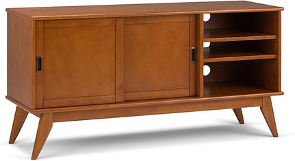 SIMPLIHOME Draper SOLID HARDWOOD 60 Inch Wide Mid Century Modern TV Media Stand in Teak Brown For TVs up to 65 Inches, For the Living Room and Entertainment Center - LeafyLoom