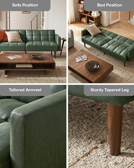 mopio Aaron Couch, Small Sofa, Futon, Sofa Bed, Sleeper Sofa, Loveseat, Mid Century Modern Futon Couch, Sofa Cama, Couches for Living Room, Bedroom (Sage Green, Faux Leather) - LeafyLoom