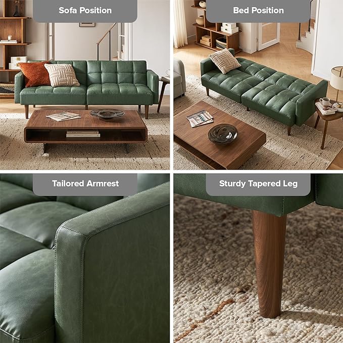 mopio Aaron Couch, Small Sofa, Futon, Sofa Bed, Sleeper Sofa, Loveseat, Mid Century Modern Futon Couch, Sofa Cama, Couches for Living Room, Bedroom (Sage Green, Faux Leather) - LeafyLoom