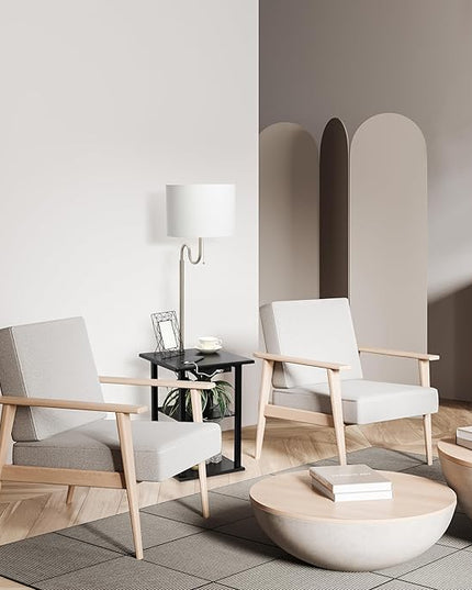 Simple Designs LF2016-BLK 57" Modern 2 Tier End Table Floor Lamp Combination with 2 x USB Charging Ports & Power Outlet with White Drum Fabric Shade for Bedroom, Living Room, Office, Black - LeafyLoom