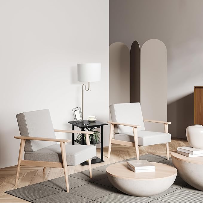 Simple Designs LF2016-BLK 57" Modern 2 Tier End Table Floor Lamp Combination with 2 x USB Charging Ports & Power Outlet with White Drum Fabric Shade for Bedroom, Living Room, Office, Black - LeafyLoom