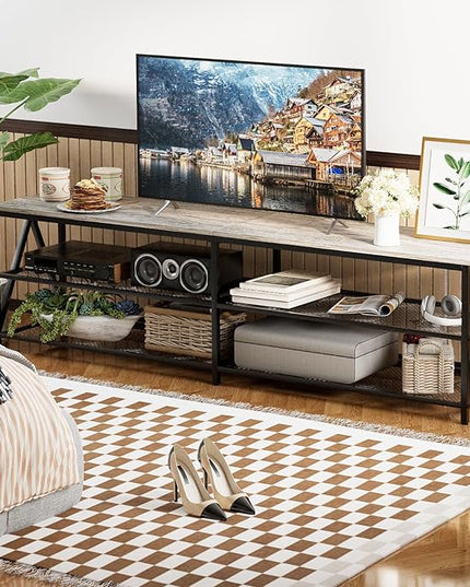 TV Stand Long 70" Entertainment Center 3-Tier TV Console Steel Frame Industrial Style TV Cabinet with Metal Frame for Living Room, Gray - LeafyLoom
