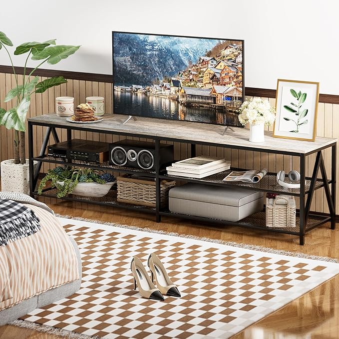 TV Stand Long 70" Entertainment Center 3-Tier TV Console Steel Frame Industrial Style TV Cabinet with Metal Frame for Living Room, Gray - LeafyLoom