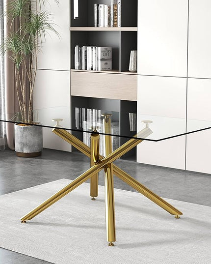 NicBex Large Modern Minimalist Rectangular Glass Dining Table for 6-8 with 0.39" Tempered Glass Tabletop and Golden Metal Legs for Kitchen Dining Living Meeting Room Banquet Hall, Golden - LeafyLoom
