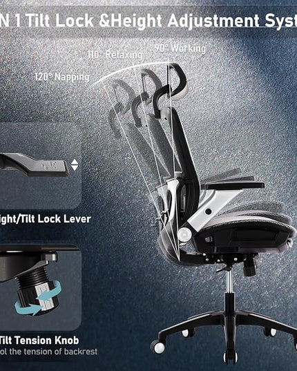 COLAMY Ergonomic Mesh Office Chair with Footrest, High Back Computer Executive Desk Chair with Headrest and 4D Flip-up Armrests, Adjustable Tilt Lock and Lumbar Support-Grey - LeafyLoom