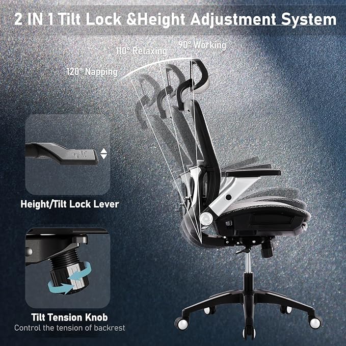 COLAMY Ergonomic Mesh Office Chair with Footrest, High Back Computer Executive Desk Chair with Headrest and 4D Flip-up Armrests, Adjustable Tilt Lock and Lumbar Support-Grey - LeafyLoom
