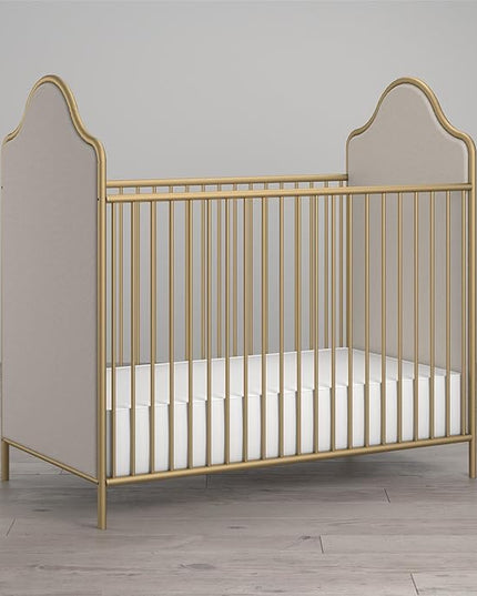 Little Seeds Piper Upholstered Metal Crib, Gold - LeafyLoom