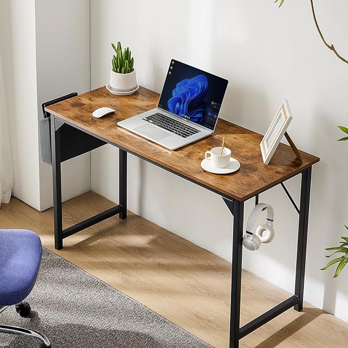 STATESVILLE 32 inch Small Computer Desk Writing Study Work Office Table Modern Simple with Storage Bag and Hook for Home Bedroom, Rustic Brown - LeafyLoom