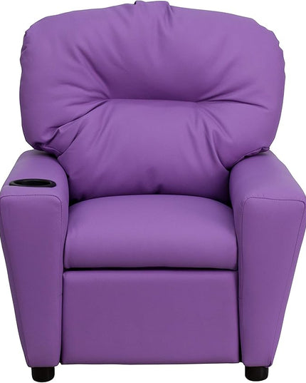 Flash Furniture Chandler Vinyl Kids Recliner with Cup Holder and Safety Recline, Contemporary Reclining Chair for Kids, Supports up to 90 lbs., Lavender - LeafyLoom