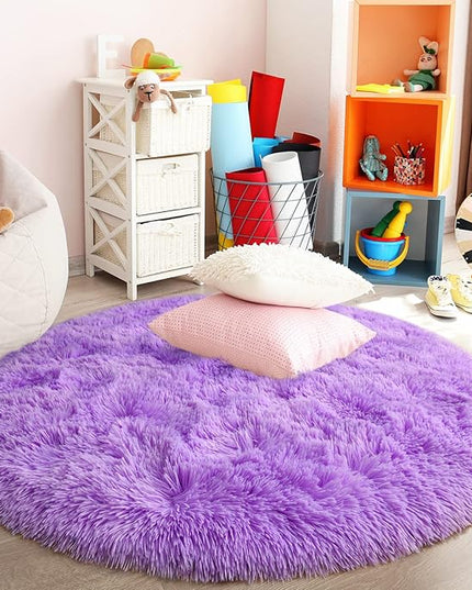 Purple Round Rug for Bedroom, Super Fluffy Circle Rugs for Baby Nursery, 5'X5' Feet Furry Carpet for Children Kids Room, Cute Soft Shaggy Rug for Girls Home Decor, Fuzzy Plush Carpets for Dorm - LeafyLoom