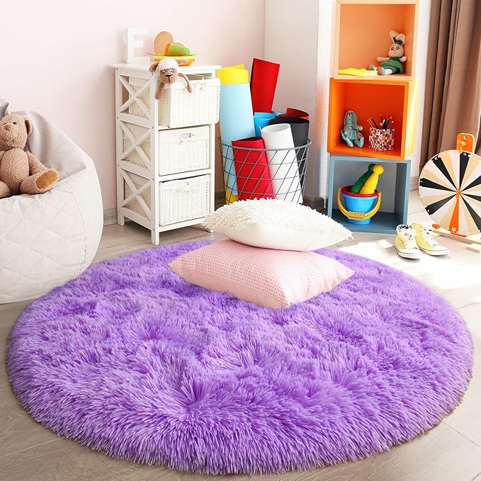 Purple Round Rug for Bedroom, Super Fluffy Circle Rugs for Baby Nursery, 5'X5' Feet Furry Carpet for Children Kids Room, Cute Soft Shaggy Rug for Girls Home Decor, Fuzzy Plush Carpets for Dorm - LeafyLoom