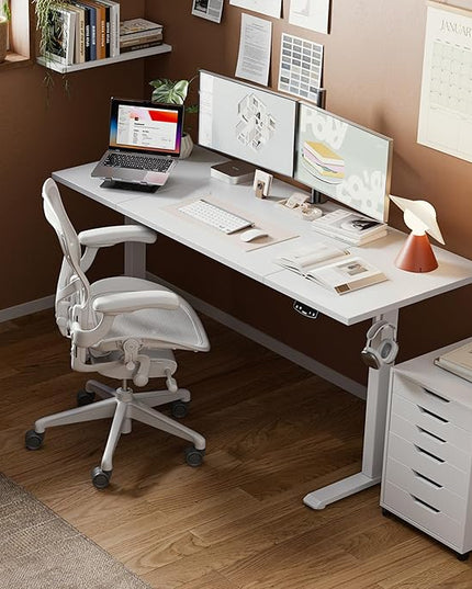 Electric Standing Desk, Large 63 x 24 Inches Height Adjustable Desk, Sit Stand up Desk for Work Office Home, Splice Board, White - LeafyLoom