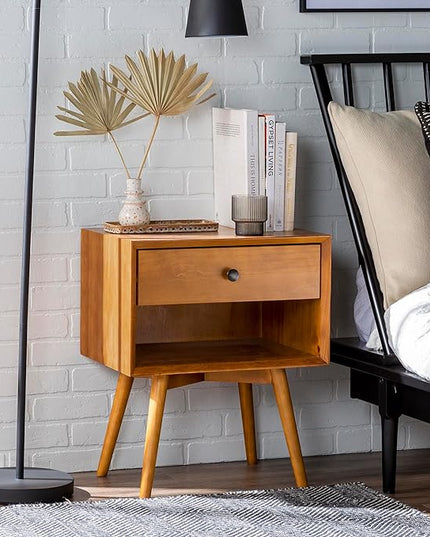 Walker Edison Mid Century Modern Wood Nightstand Side Table Bedroom Storage Drawer and Shelf Bedside End Table, 1 Drawer, Caramel - LeafyLoom