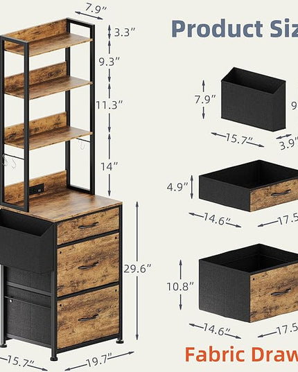 3 Drawer File Cabinet with Charging Station, Fabric Drawer, 4-Tier Tall Filing Cabinet with Adjustable Bookshelf, 69''H File Cabinet for Home Office Fits A4/Letter/Legal, Rustic Brown - LeafyLoom
