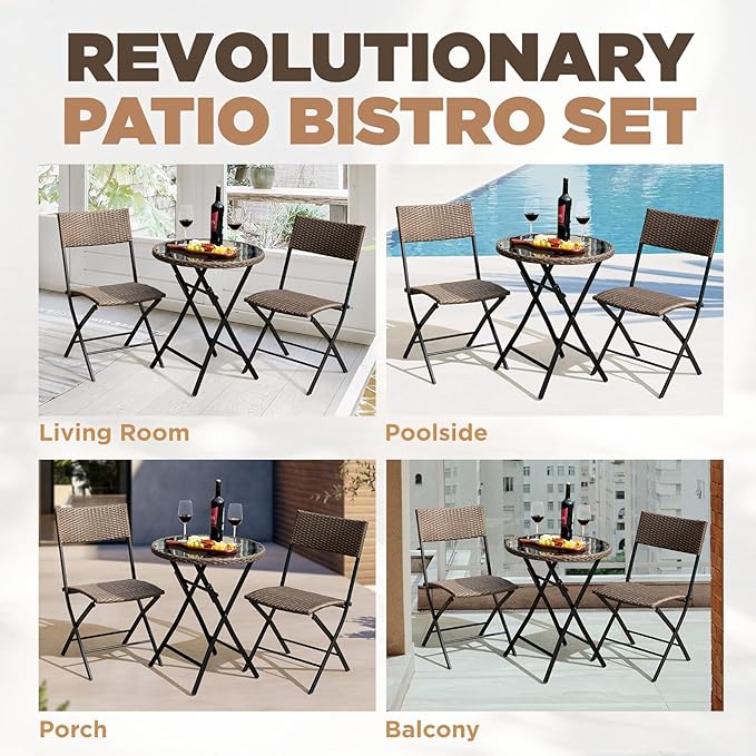 Bistro Set with Round Table, Metal Wicker Design - LeafyLoom