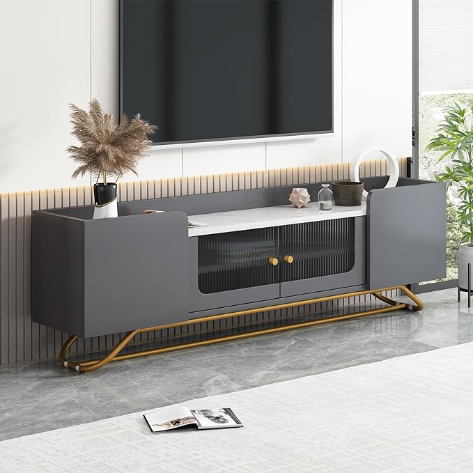 LUSAPZ Sleek Design TV Stand,Modern TV Stand with Fluted Glass,for TVs Up to 70 Inch,Faux Marble Top TV Console Table with Gold Frame Base,Ideal for Living Room (Gery) - LeafyLoom