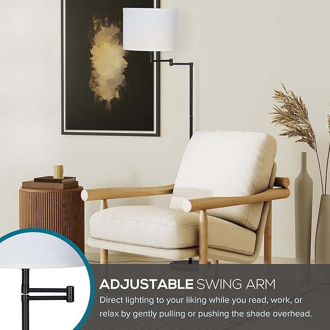 Catalina Lighting 24288-000 Traditional Swing Arm Floor Lamp for Office, Living Room, Dorm or Bedroom, Smart Home Compatible, Bulb Not Included, 60", Black - LeafyLoom
