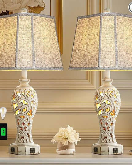 Set of 2 Rustic Table Lamps for Living Room Bedroom, Farmhouse Vintage Nightstand Lamp with 2 USB Ports, Hollow Out Resin Lamp for End Table with Nightlight, Bulbs Included (Wash White) - LeafyLoom