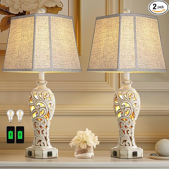 Set of 2 Rustic Table Lamps for Living Room Bedroom, Farmhouse Vintage Nightstand Lamp with 2 USB Ports, Hollow Out Resin Lamp for End Table with Nightlight, Bulbs Included (Wash White) - LeafyLoom