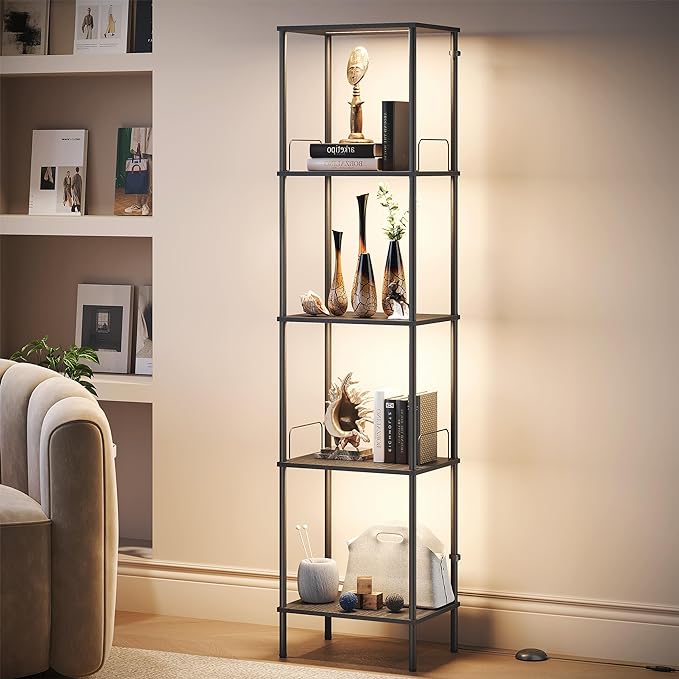 SUNMORY Display Shelf with Dimmable Lights, Lighted Display Cases for Collectibles, Adjustable Color Temperature and Brightness, Display Cabinet, Floor Lamp with Shelves, Home Decor, Black - LeafyLoom