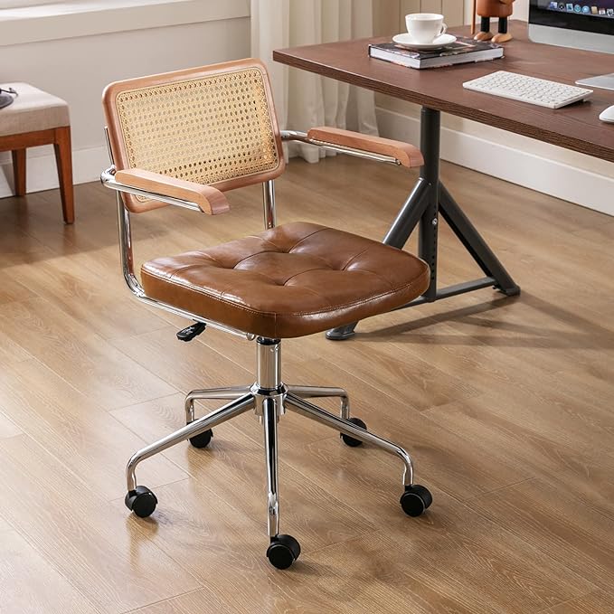 Zesthouse Modern Home Office Chair Leather Desk Chair with Natural Rattan Back, Vanity Chair for Girls Women, Upholstered Tufted Swivel Armchair, Height Adjustable Computer Task Chair - LeafyLoom