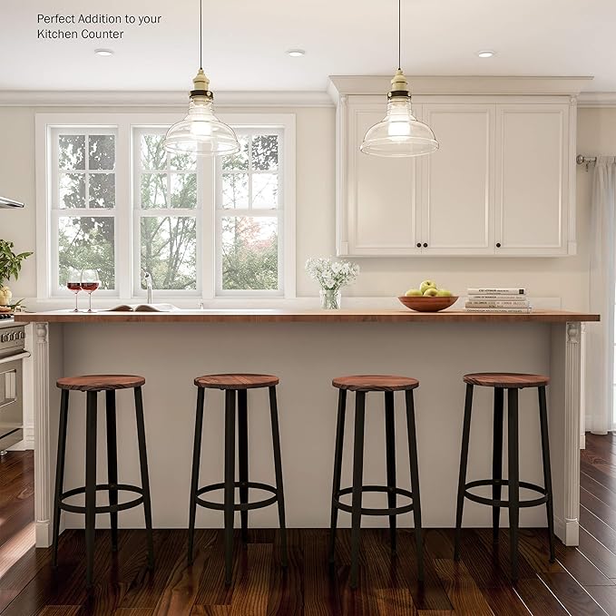 Home Lavish Bar Height Stools-Backless Kitchen or Dining Room Metal Base, Wood Seat- Modern Farmhouse Accent Furniture (Set of 2) - LeafyLoom