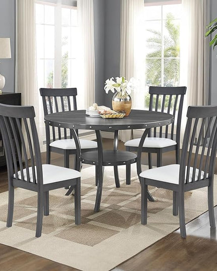 COLAMY Wooden Dining Chairs Set of 6, PU Leather Dining Room Kitchen Side Chair with Spindle High Back and Adjustable Foot Pegs - Grey - LeafyLoom