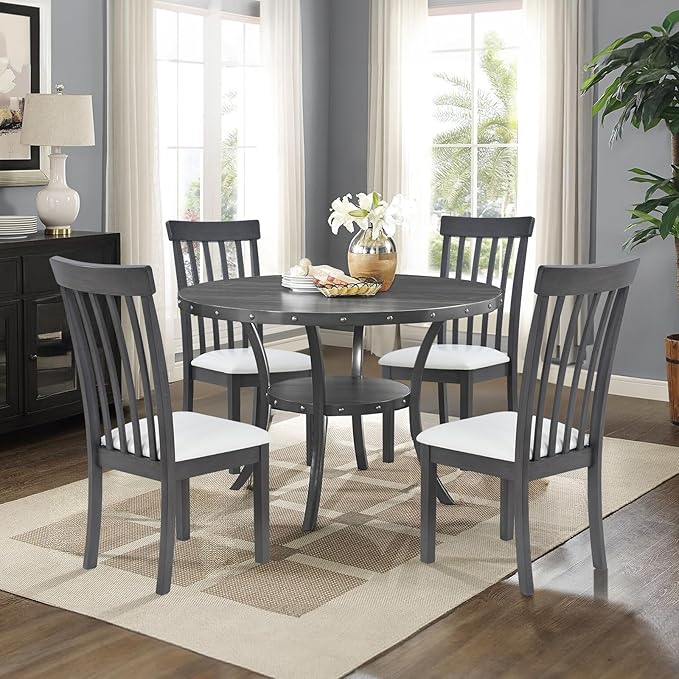 COLAMY Wooden Dining Chairs Set of 2, PU Leather Dining Room Kitchen Side Chair with Spindle High Back and Adjustable Foot Pegs - Grey - LeafyLoom