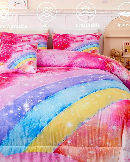 Rainbow Twin Size Comforter Set for Girls 6 Pieces Sparkle Tie Dye Pink Girls Bedding Comforter Sets Galaxy Kids Bed Comforter Sets Gradient Glitter Soft Bed in A Bag with Sheets - LeafyLoom