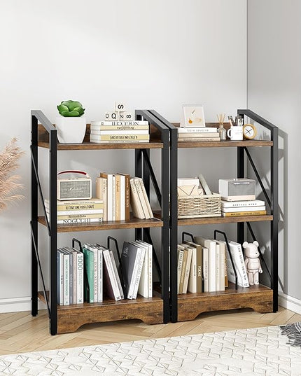 Vagusicc 3 Tier Bookshelf, Small Book Shelf Industrial Bookshelf, Wood Short Book Shelf Office Shelves with Metal Frame, Rustic Open Shelf Storage Organizer Bookcase for Living Room Bedroom, Brown - LeafyLoom