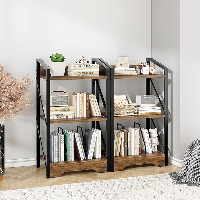 Vagusicc 3 Tier Bookshelf, Small Book Shelf Industrial Bookshelf, Wood Short Book Shelf Office Shelves with Metal Frame, Rustic Open Shelf Storage Organizer Bookcase for Living Room Bedroom, Brown - LeafyLoom