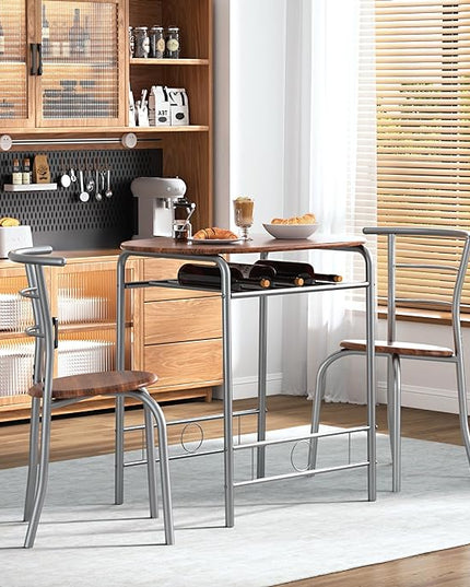 VECELO 3-Piece Dining Table Set for Kitchen Breakfast Nook, Wood Grain Oval Tabletop and Metal Frame with Built-in Wine Rack, for Small Spaces, 31.5", Brown & Silver - LeafyLoom