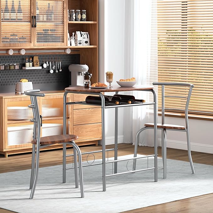 VECELO 3-Piece Dining Table Set for Kitchen Breakfast Nook, Wood Grain Oval Tabletop and Metal Frame with Built-in Wine Rack, for Small Spaces, 31.5", Brown & Silver - LeafyLoom