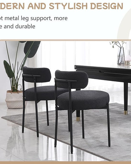 Dining Chairs Set of 6, Boucle Dining Room Chairs Modern Mid-Century Kitchen Chairs Curved Backrest Upholstered Chairs for Dining Room Black Metal Legs, Black - LeafyLoom